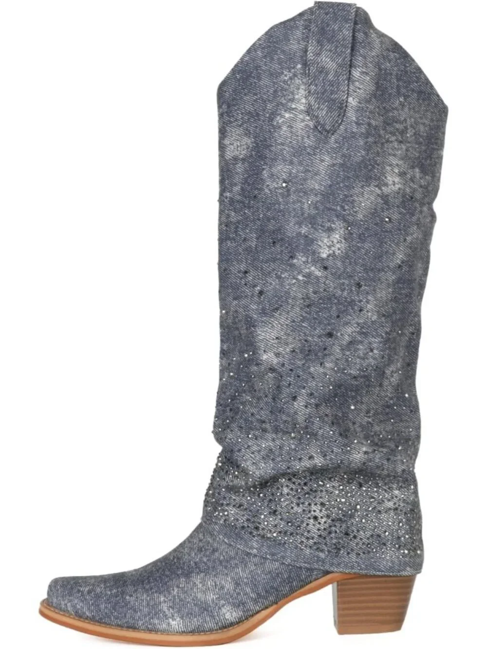 Women's Light Blue Rhinestones Fold Over Wide Calf Fashion Western Tall Boots
